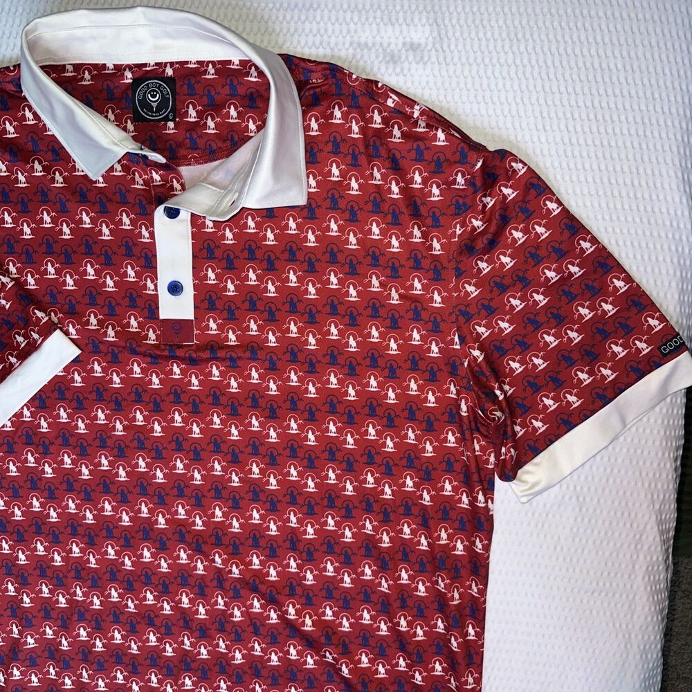 Good Good Golf Men's Performance Polo Shirt, red wolf print, Size Large